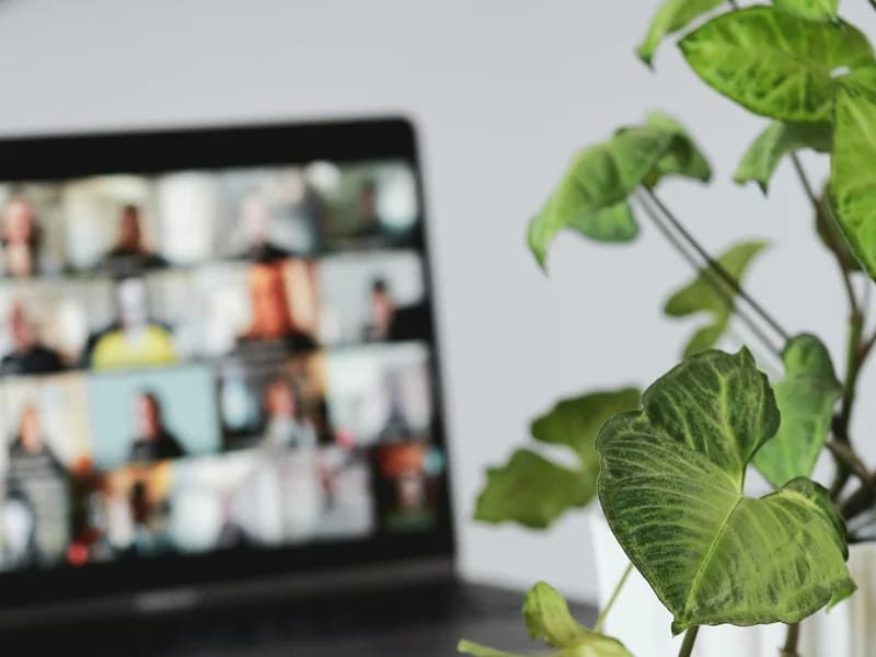 Laptop screen showing a video conference call with multiple participants.